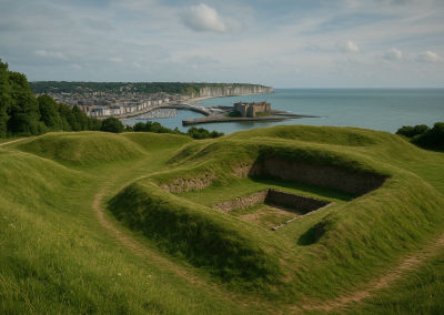 Oppidum de la Côte d’Albâtre visto desde una altura junto al mar, con taludes verdes, restos de muros, Dieppe al fondo y acantilados blancos.
