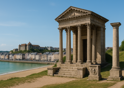 Templo de Briga en Bois l’Abbé recreado junto a Dieppe, con columnas romanas, fachada clásica, playa, ciudad y costa al fondo.