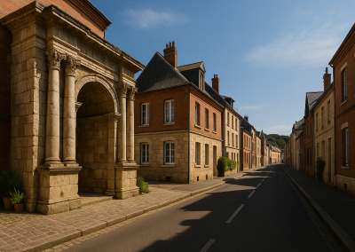 Calle mayor de Dieppe con una puerta monumental de piedra y edificios históricos a ambos lados, en una escena urbana de aire antiguo.