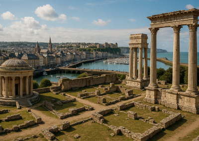 Foro comercial romano recreado junto al estuario del Arques en Dieppe, con columnas monumentales, ruinas, puerto, ciudad y acantilados al fondo.