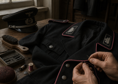 Uniforme militar negro sobre una mesa, con una mano ajustando el ribete del cuello junto a una gorra, cepillo y útiles de arreglo.