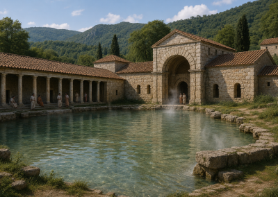 Piscina termal de Aquae Cutiliae rodeada de edificios romanos de piedra, columnas, arcos, vapor sobre el agua y montañas verdes al fondo.