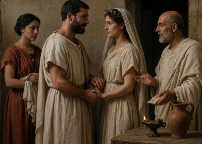 Boda entre un liberto y una liberta en una casa romana, con los esposos tomados de la mano y familiares presentes durante la ceremonia.