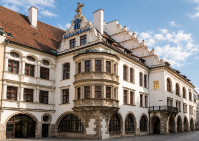 Fachada principal de la Hofbräuhaus de Múnich, con arquitectura histórica bávara, ventanas, arcos y el emblema de la cervecería.
