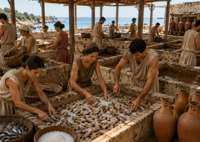 Taller romano de salazón junto al mar, con hombres y mujeres preparando pescado para la elaboración de garum en depósitos de piedra.