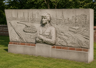Muro exterior de Hillersleben con relieve militar en piedra, figura de soldado, tanque, ruinas urbanas y entorno arbolado.
