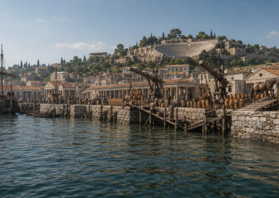 Puerto romano de Olissippo en Lisboa, con barcos amarrados, muelles de piedra, grúas de madera, ánforas y edificios sobre la colina.