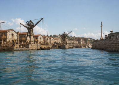 Puerto romano de Tarraco con barcos, grúas de madera, muelles de piedra y edificios portuarios junto al Mediterráneo.