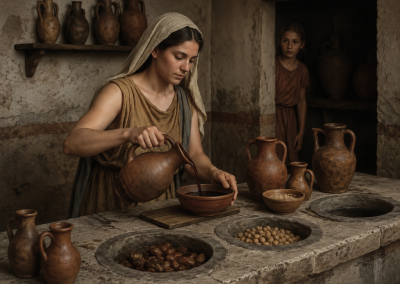 Liberta romana sirviendo bebida o salsa desde una jarra en un thermopolium, rodeada de ánforas, recipientes de barro y una joven al fondo.
