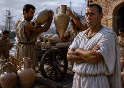 Liberto romano supervisando la carga de ánforas en un puerto, con esclavos transportando recipientes de cerámica junto a barcos mercantes.