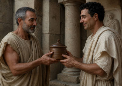 Liberto romano entregando un obsequio a su patronus en un espacio con columnas, ambos vestidos con túnicas claras y sosteniendo una caja de madera.