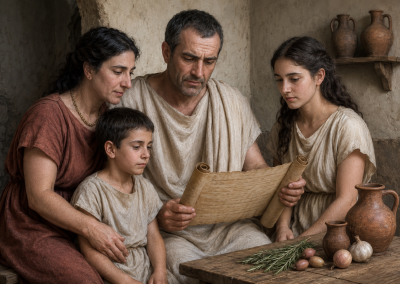 Liberto romano leyendo un pergamino con su familia dentro de una domus, acompañado por una mujer, un niño y una joven junto a ánforas de barro.