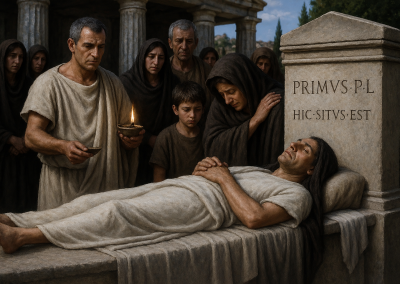 Liberto romano siendo enterrado con epitafio propio, rodeado de familiares en duelo junto a una tumba con inscripción latina.