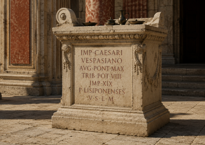 Altar romano dedicado a Vespasiano en un templo clásico de Olissipo, con inscripción latina y decoración de piedra.