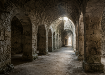 Criptopórtico romano de Olissipo, con arcos de piedra y galerías subterráneas conservadas bajo Lisboa.