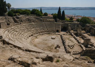 Teatro romano de Olissipo en Lisboa, con las gradas de piedra conservadas frente al estuario del Tajo.