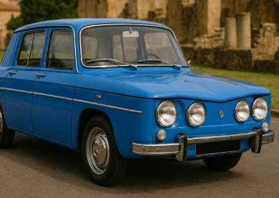 Renault 8 TS azul visto de frente en tres cuartos, con faros redondos, carrocería clásica y ruinas de piedra al fondo.