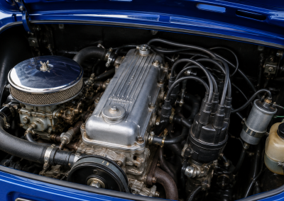 Detalle del motor del Renault 8 TS, con su mecánica trasera visible y el carácter deportivo de un compacto icónico de los años setenta.