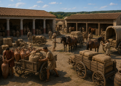Patio de almacenes y establos en Silva Urbem Waldgirmes, con carros, caballos, ánforas, sacos y trabajadores romanos en actividad.