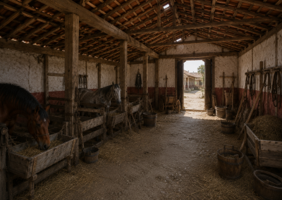 Interior de unas caballerizas romanas en Silva Urbem Waldgirmes, con caballos, vigas de madera, establos, herramientas y luz entrando desde el patio.