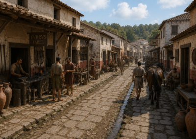 Calle romana de Silva Urbem Waldgirmes, con talleres, viviendas, habitantes, caballo y actividad cotidiana en una ciudad de Germania.