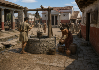 Recreación del pozo de agua de Silva Urbem Waldgirmes, punto cotidiano de abastecimiento dentro de la ciudad romana proyectada en Germania.