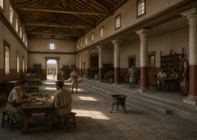 Interior de la basílica romana de Silva Urbem Waldgirmes, con columnas, techo de madera, mesas de trabajo y habitantes en actividad.