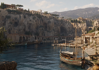 Puerto romano de Sorrento al pie de los acantilados, con barcos amarrados, edificios costeros, cuevas en la roca y construcciones sobre la altura.