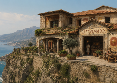 Casa de dos plantas sobre un acantilado de Sorrento, con el restaurante Saeculum en la planta baja, terraza, vegetación y el mar al fondo.