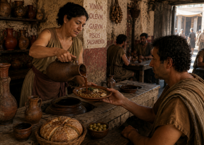Taberna romana donde una mujer sirve garum sobre un plato a un cliente, entre ánforas, mesas y alimentos de la Antigua Roma.