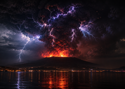 Erupción nocturna del Vesubio con columna pliniana, rayos volcánicos, fuego en el cráter y reflejos sobre el golfo de Nápoles.