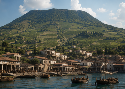 Vista del Vesubio antes de la erupción del año 79, con laderas verdes, viñedos, ciudad romana y barcos junto al mar.