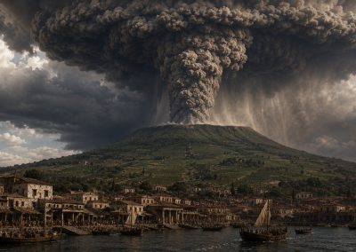 Vesubio entrando en erupción con una gran columna de ceniza sobre una ciudad romana y el golfo de Nápoles.