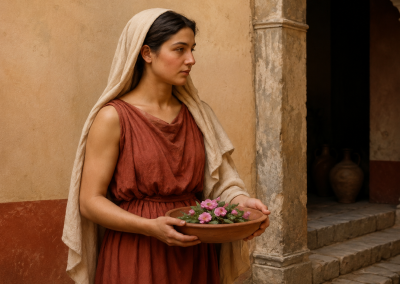 Liberta romana con túnica roja y velo claro, sosteniendo un cuenco con flores frente a una pared de estuco y columnas de una domus.